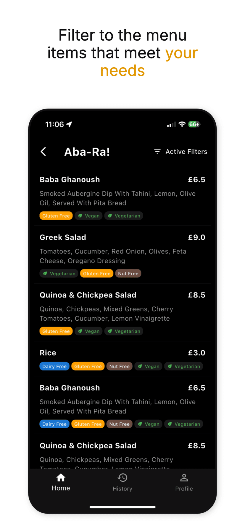Filtered menu items